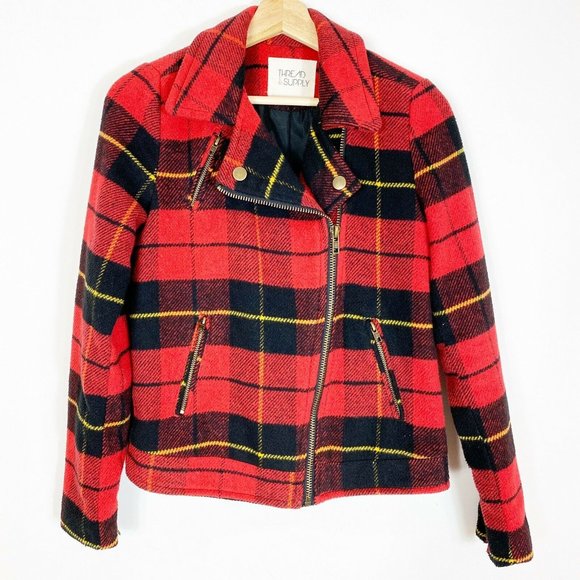 Thread & Supply Tartan Moto style zip jacket women’s Red black size Small - Picture 3 of 7